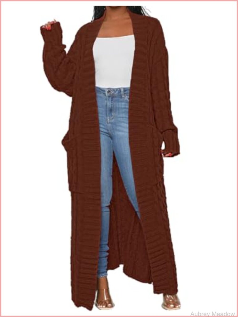 Cable Knit Open Front Maxi Cardigan Long Ankle Length Sweater with Pockets